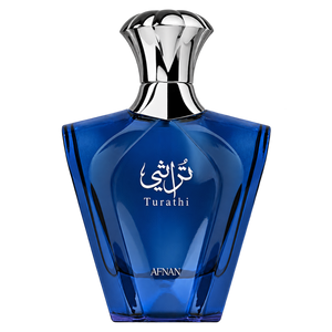 Afnan Turathi Blue 90ML EDP — front-facing bottle, transparent background