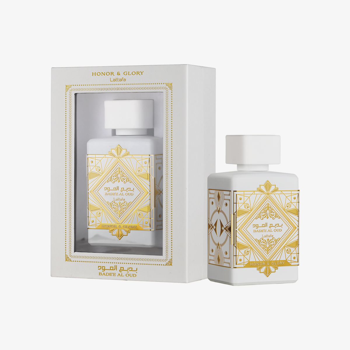 Lattafa Badee Al Oud Honor and Glory 100ML EDP box and bottle