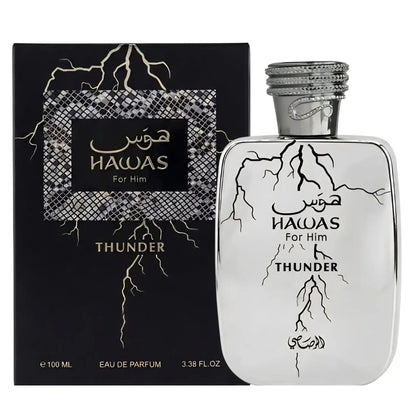 Rasasi Hawas Thunder 100ML EDP bottle and box