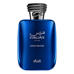 Rasasi Hawas Gold Digger 100ML EDP — front-facing bottle, transparent background