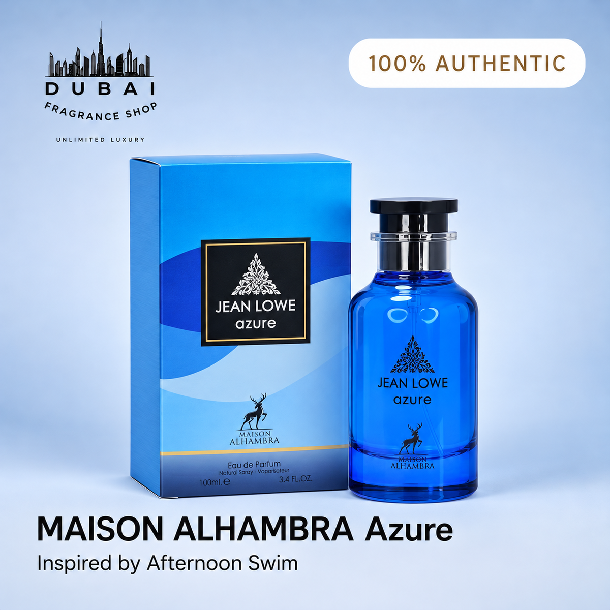 Jean Lowe Azure 100ML EDP bottle and box — Dubai Fragrance Shop PH