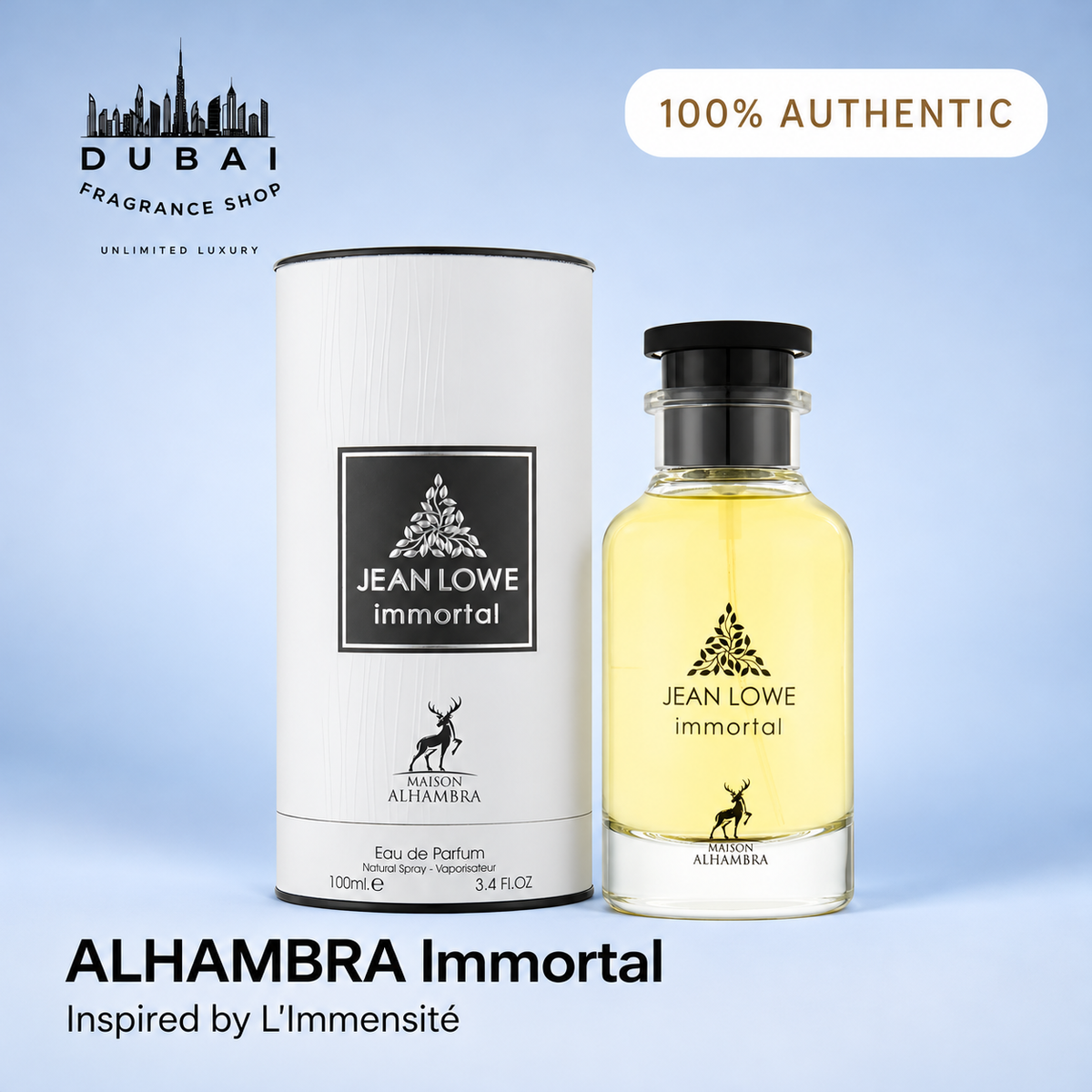 Jean Lowe Immortal 100ML EDP bottle and box — Dubai Fragrance Shop PH