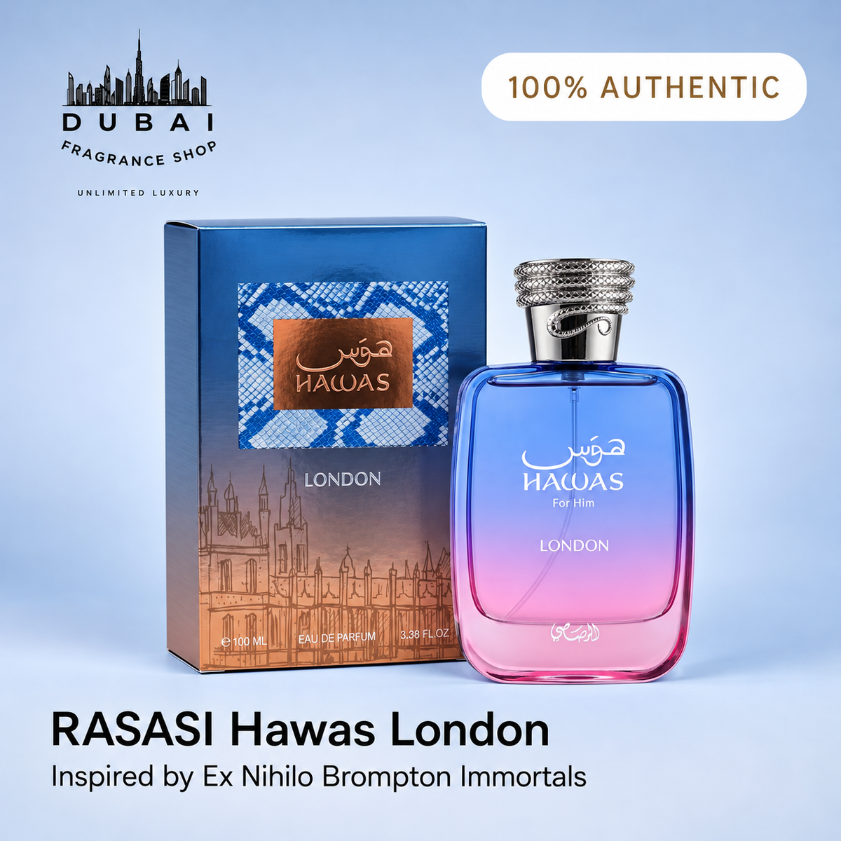 Rasasi Hawas London 100ML EDP bottle and box — Dubai Fragrance Shop PH