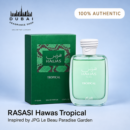 Rasasi Hawas Tropical 100ML EDP bottle and box — Dubai Fragrance Shop PH