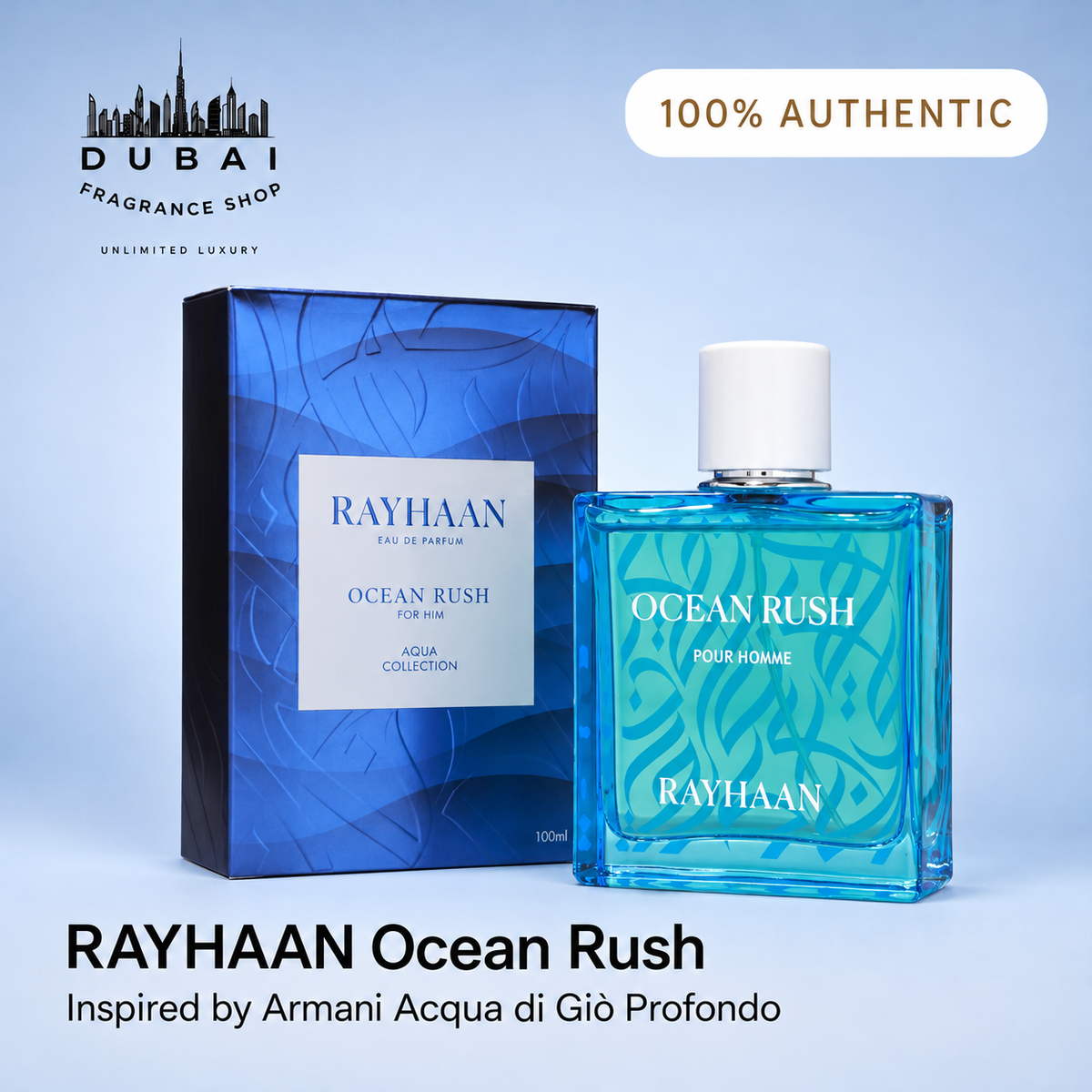 Rayhaan Ocean Rush 100ML EDP bottle and box — Dubai Fragrance Shop PH