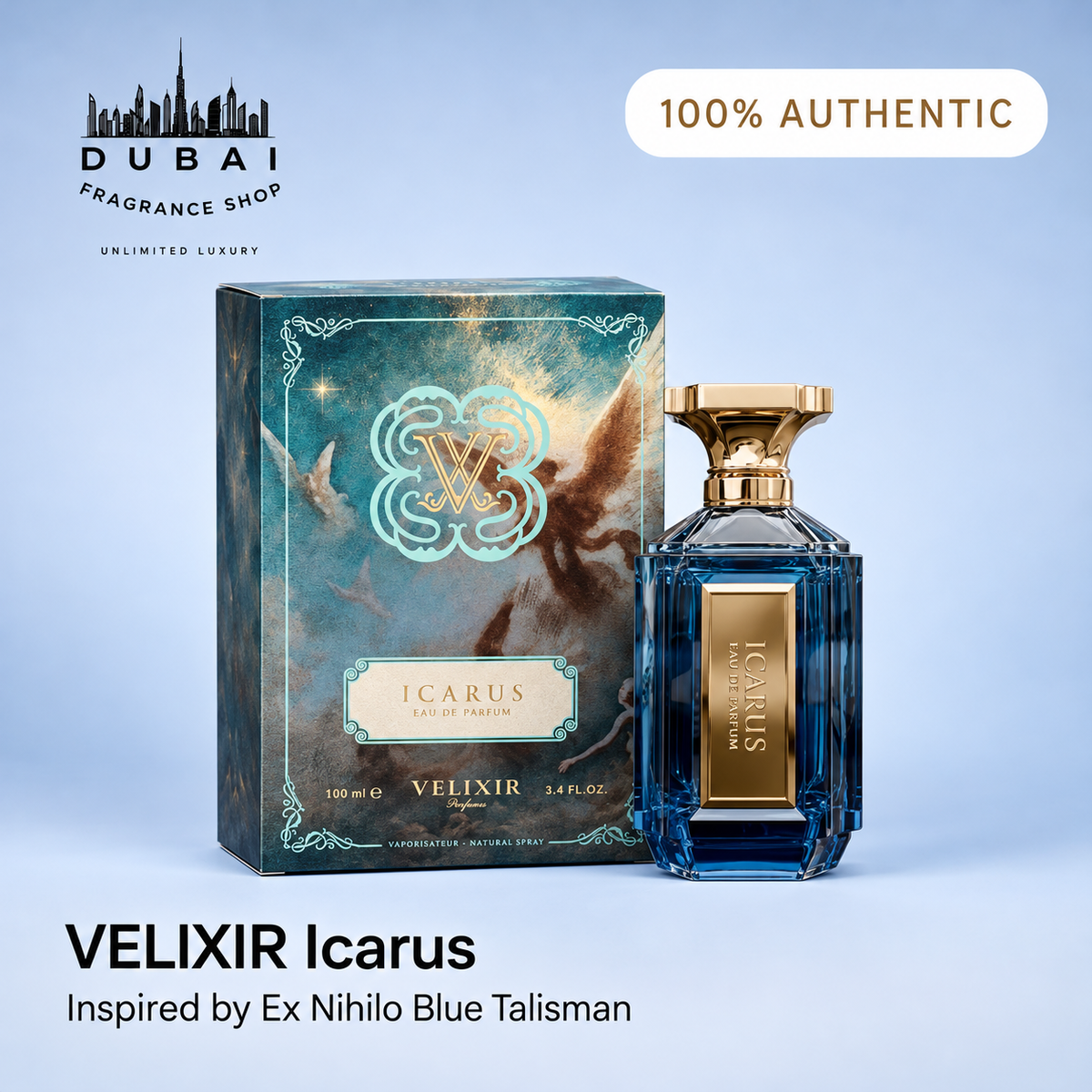 Velixir Icarus 100ML EDP bottle and box — Dubai Fragrance Shop PH